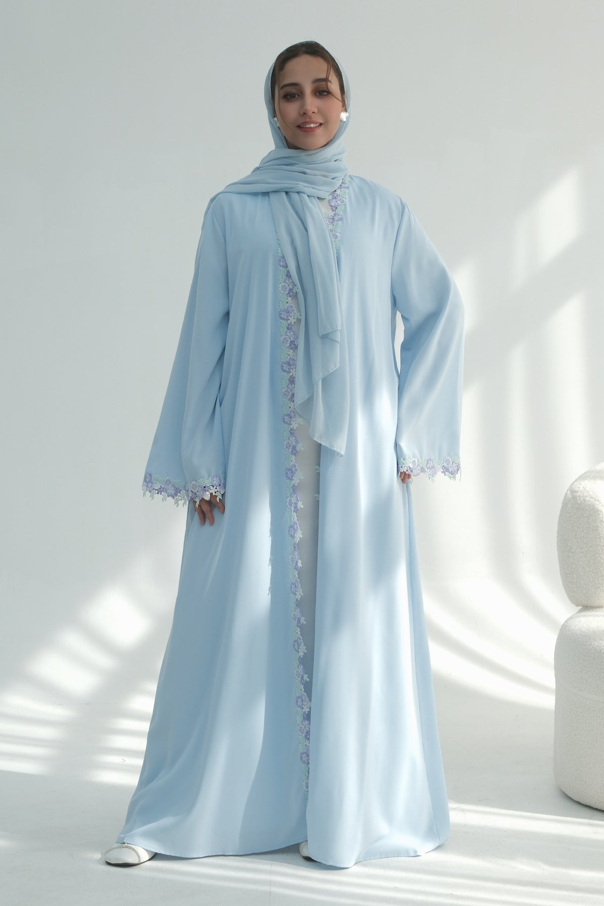 Zahra Pastel Floral Lace Trim Open Abaya