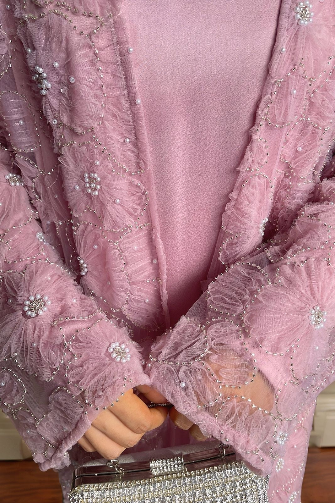 Hand-Beaded Floral Mesh Abaya Two-Piece Set-RoseRed