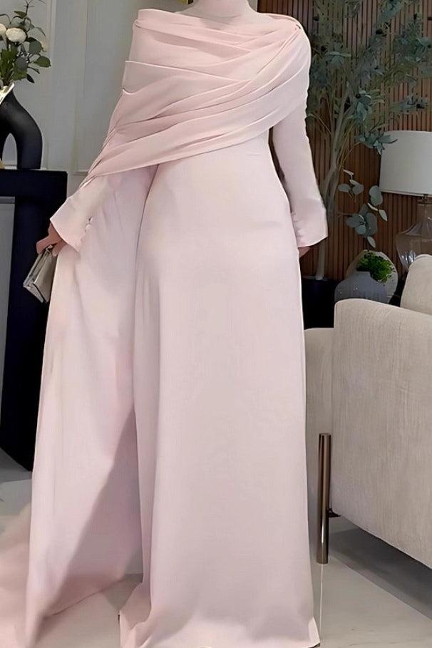 Blush Pink Draped Modest Evening Gown