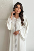 Ethereal White Open Abaya with Delicate Lace Paneling
