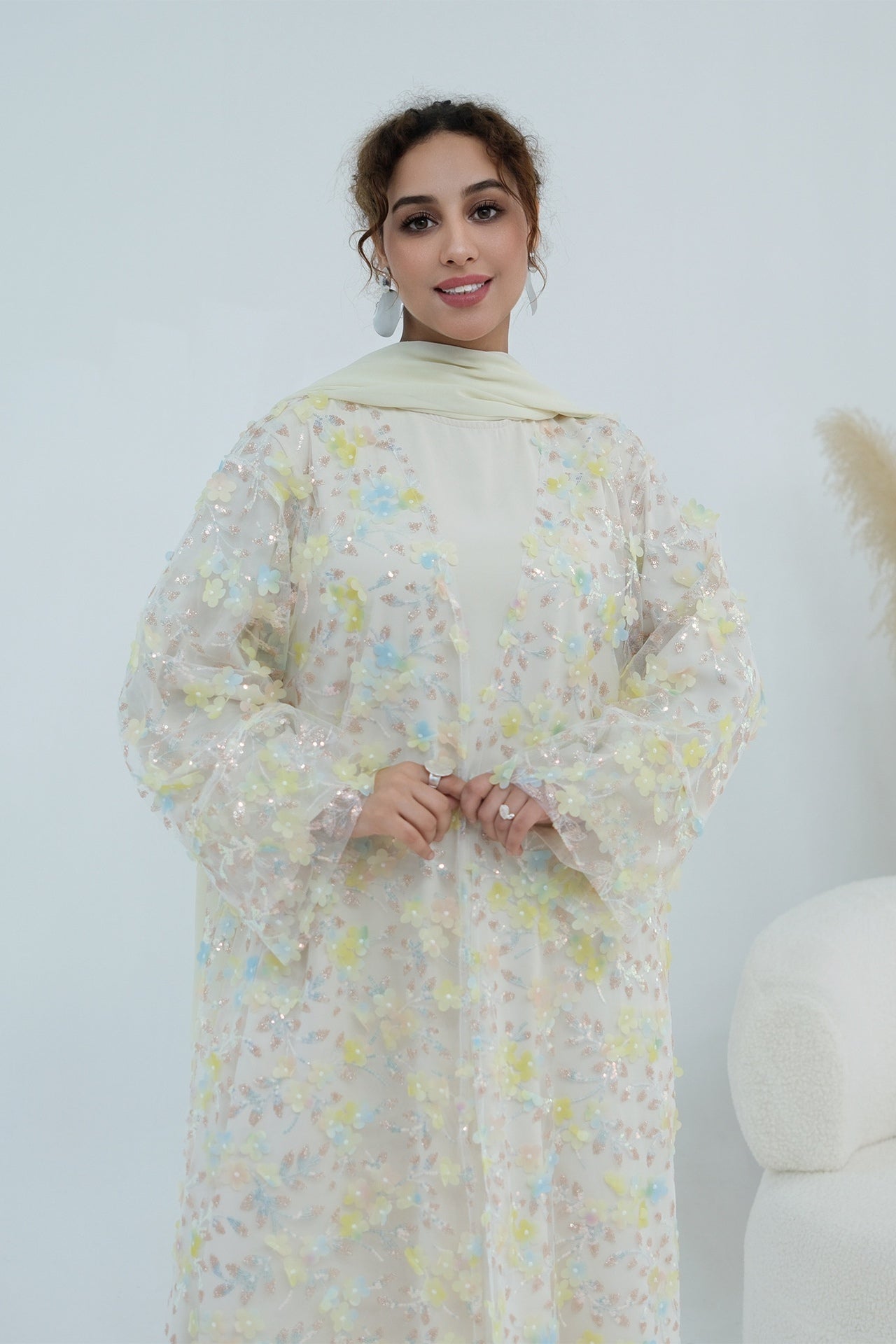 Hand-Beaded Floral Open Abaya Three-Piece Set with Matching Inner Dress & Hijab-Apricot