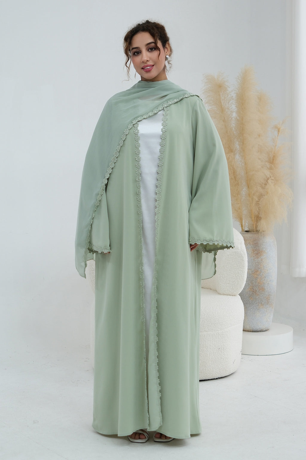Floral Lace Trim Open Abaya & Matching Hijab Two-Piece Set-Green