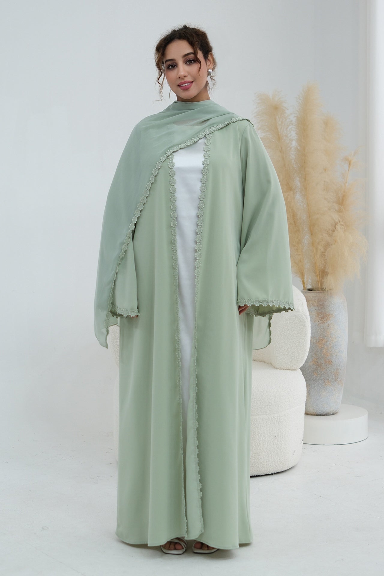 Floral Lace Trim Open Abaya & Matching Hijab Two-Piece Set-Green