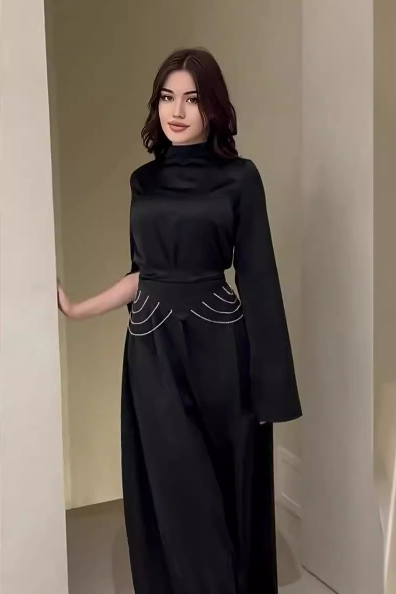Rana Split Flare Sleeve Rhinestone Waist Maxi Dress-Black