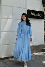 Elegance Pleated Chiffon Full-Sweep Maxi Dress-Blue