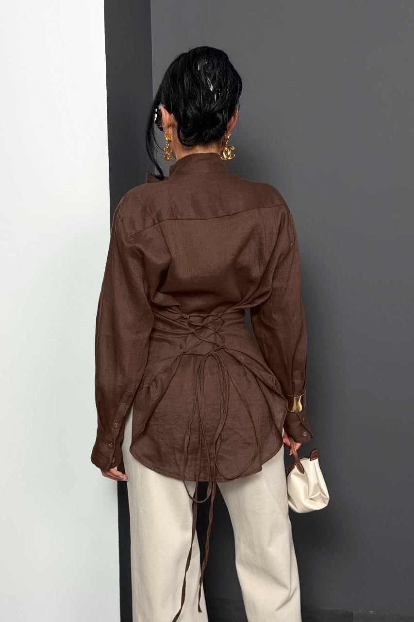 Isabella Linen Tie Blouse Shirt-Brown