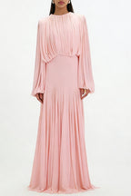 Zoe Pleated Chiffon Long Sleeve Maxi Gown-Pink