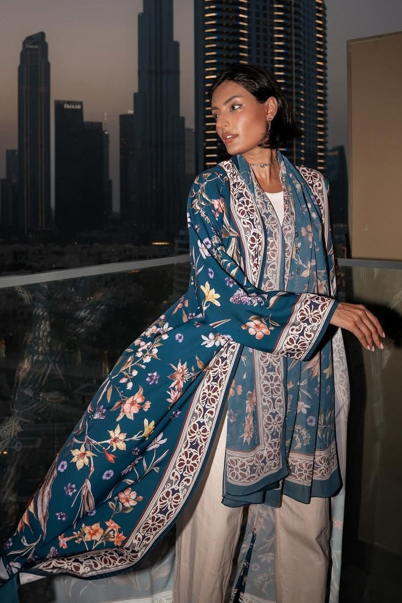 Artisanal Printed Abaya Set with Hijab-Blue