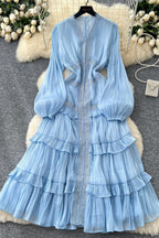 Luxury Rhinestone Embellished V-Neck Lace Patchwork Maxi Dress-Blue