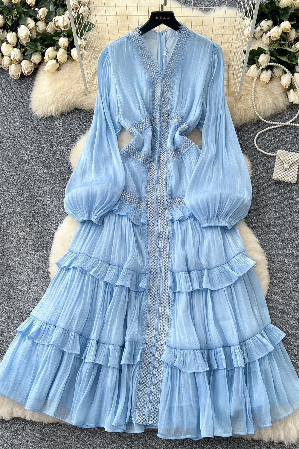 Luxury Rhinestone Embellished V-Neck Lace Patchwork Maxi Dress-Blue