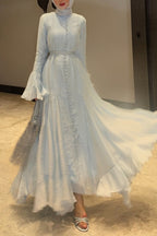 Button Down Cascade Ruffle Sleeve Dress-Blue