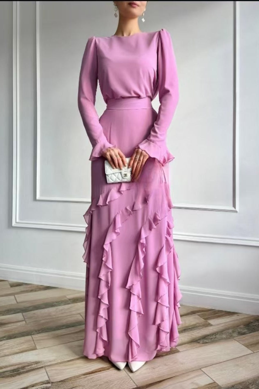 Vintage-Inspired Deep Ruby Dress with Dramatic Fluid Ruffles-Pink