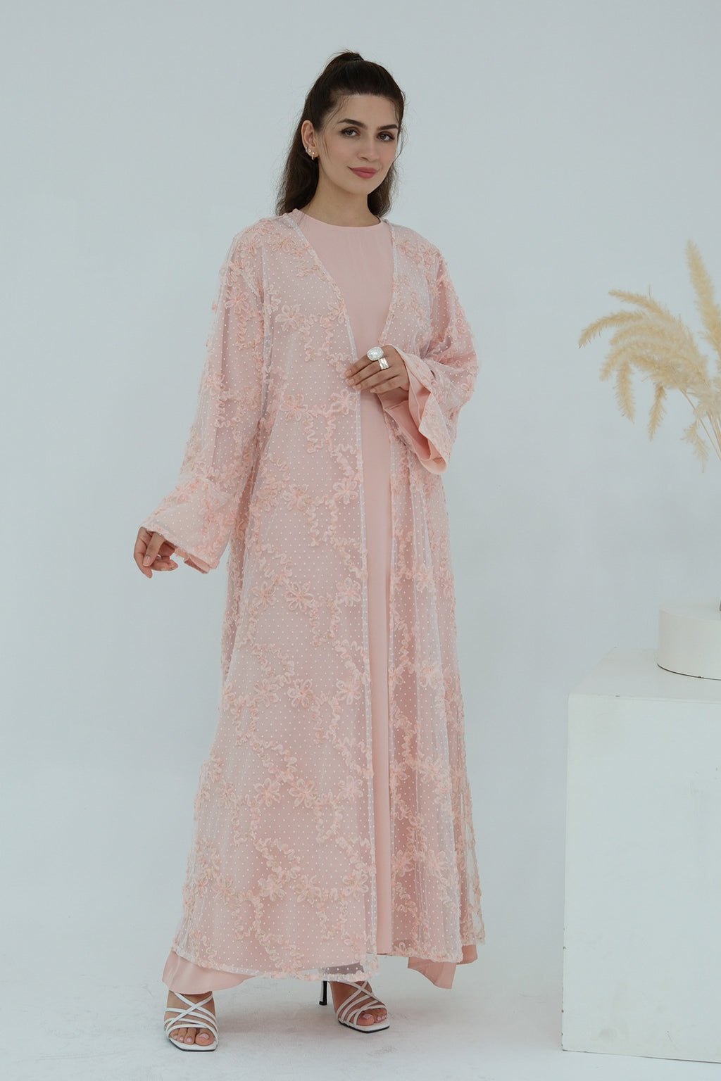 Floral Bloom Sheer Mesh Open Abaya-Pink