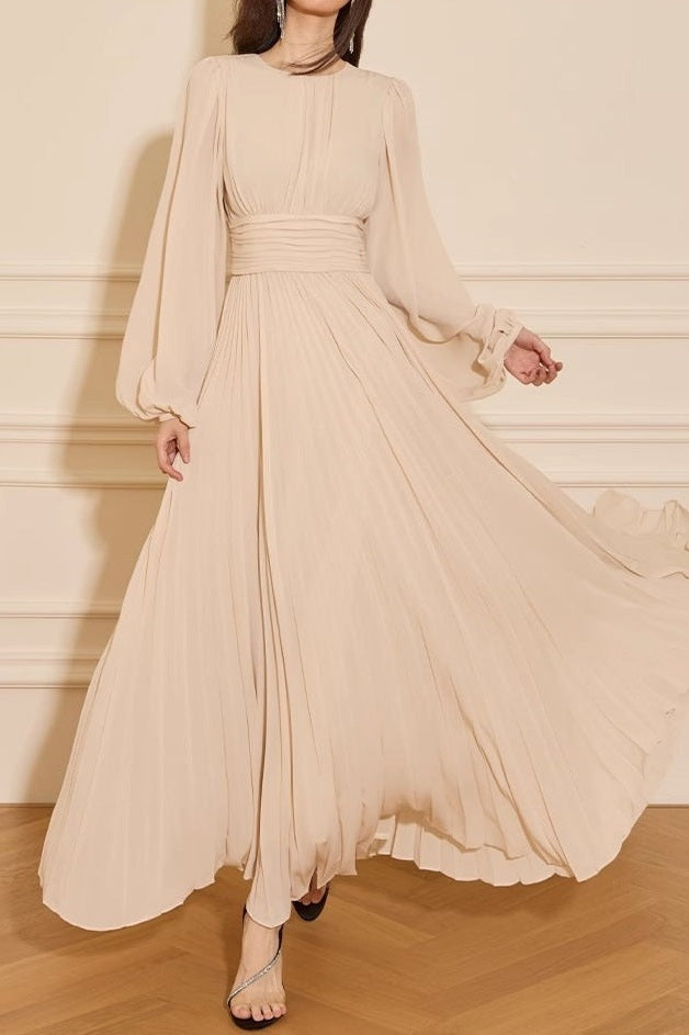 Minimalist Pleated Round-Neck Modest Maxi Dress