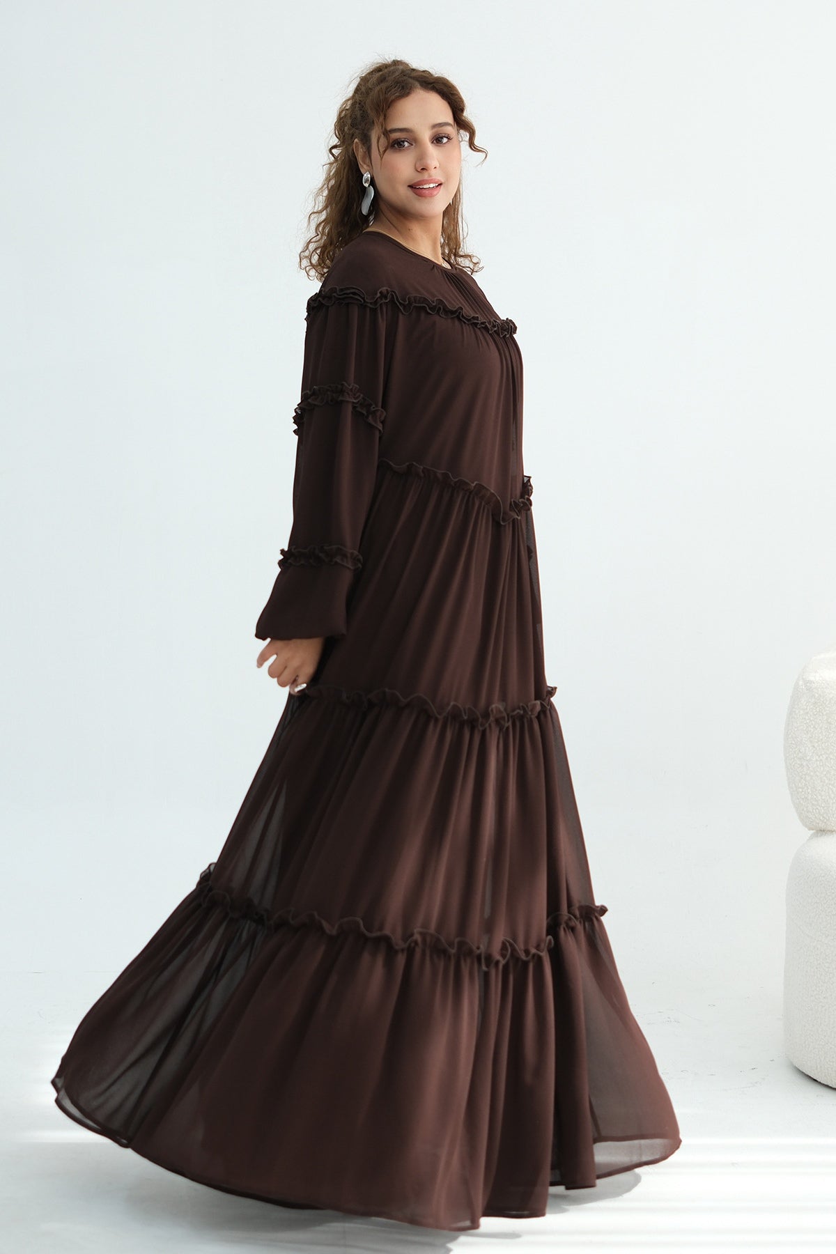 Tiered Ruffle Chiffon Maxi Dress-Coffee