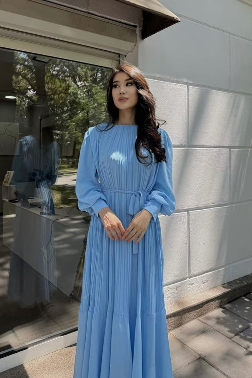 Elegance Pleated Chiffon Full-Sweep Maxi Dress-Blue