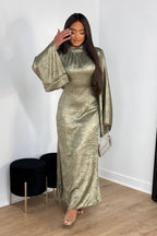 Celeste Pleated Neck Satin Maxi Dress-Green