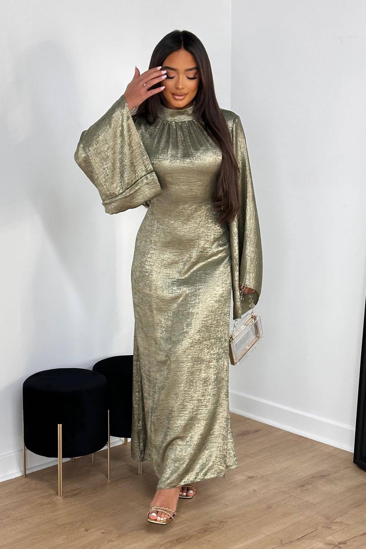 Celeste Pleated Neck Satin Maxi Dress-Green