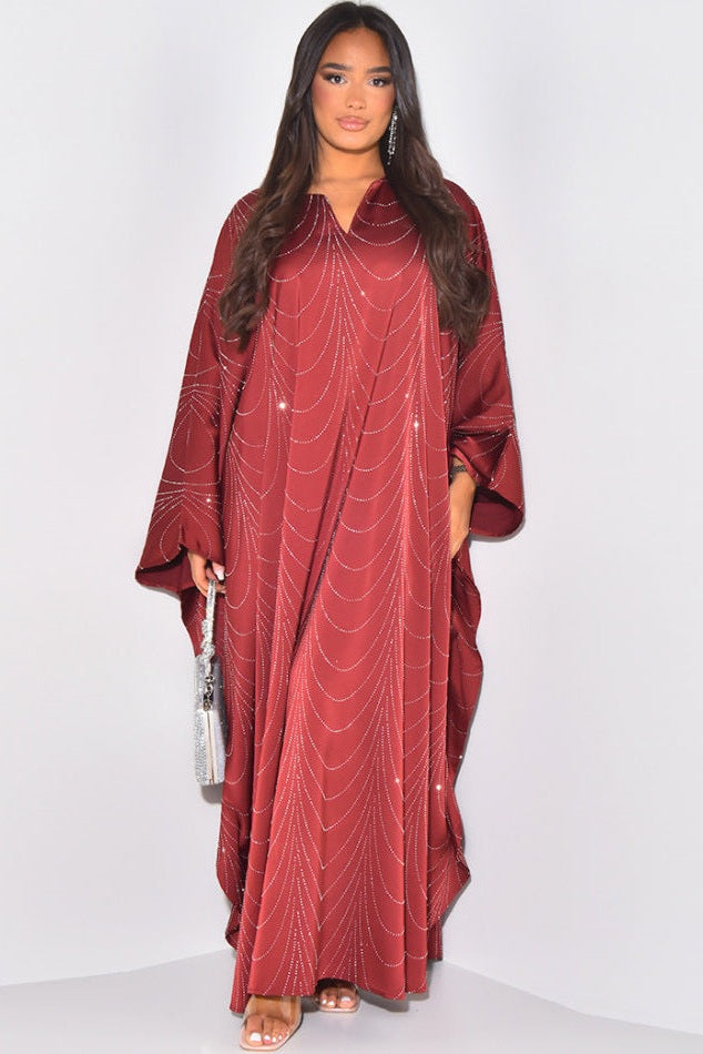 Starlit Rhinestone Embellished Evening Gown-Red