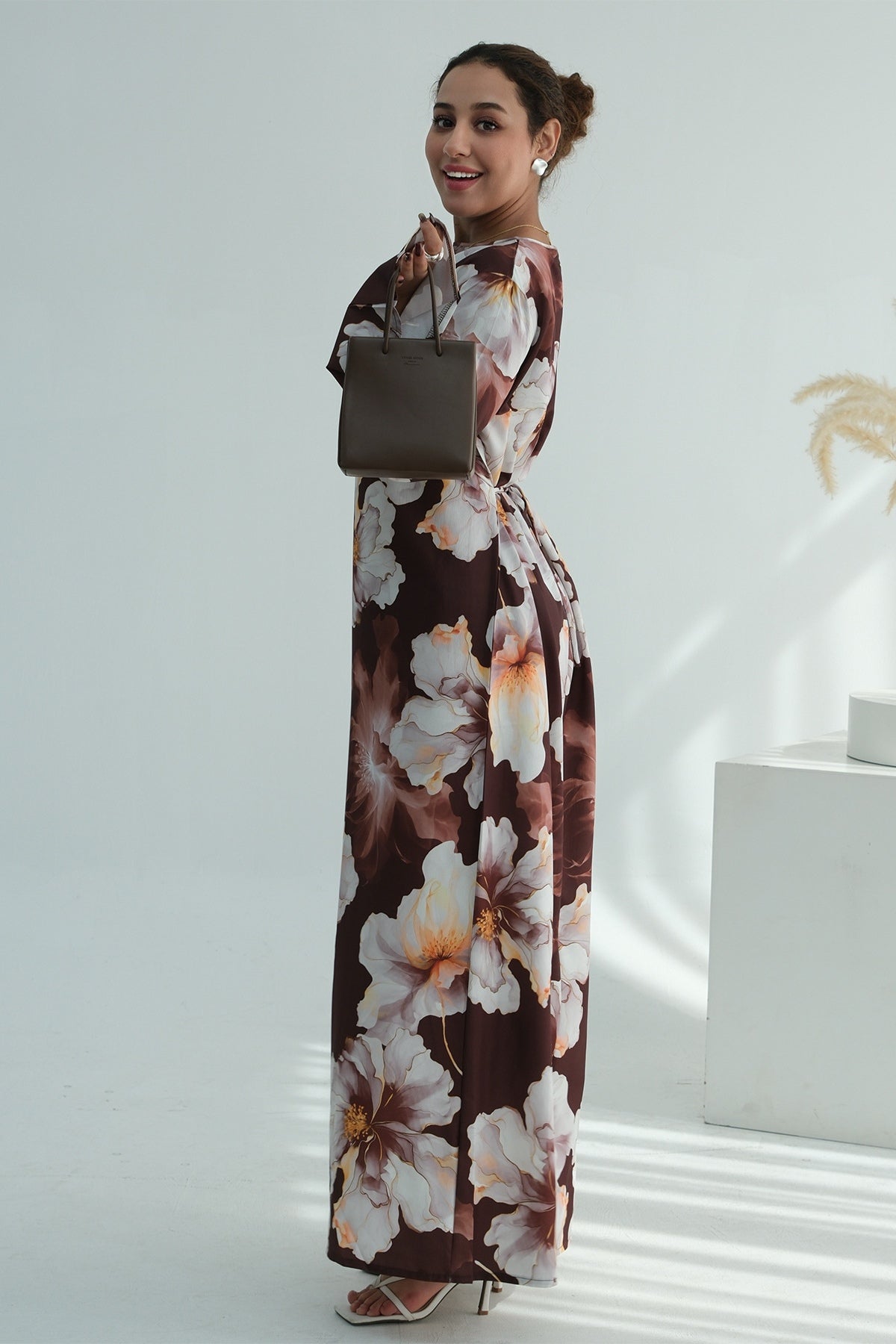 Large Floral Print Bell Sleeve Maxi Dress-Coffee