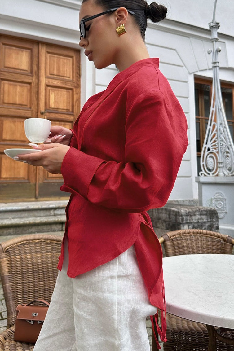 Isabella Linen Tie Blouse Shirt-Red