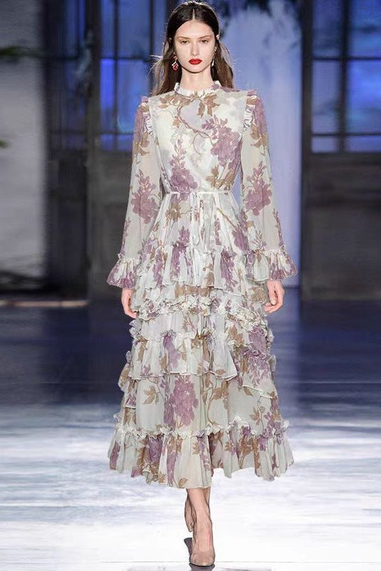 Floral Print Round-Neck Maxi Dress with Flared Sleeves and Tie-Waist