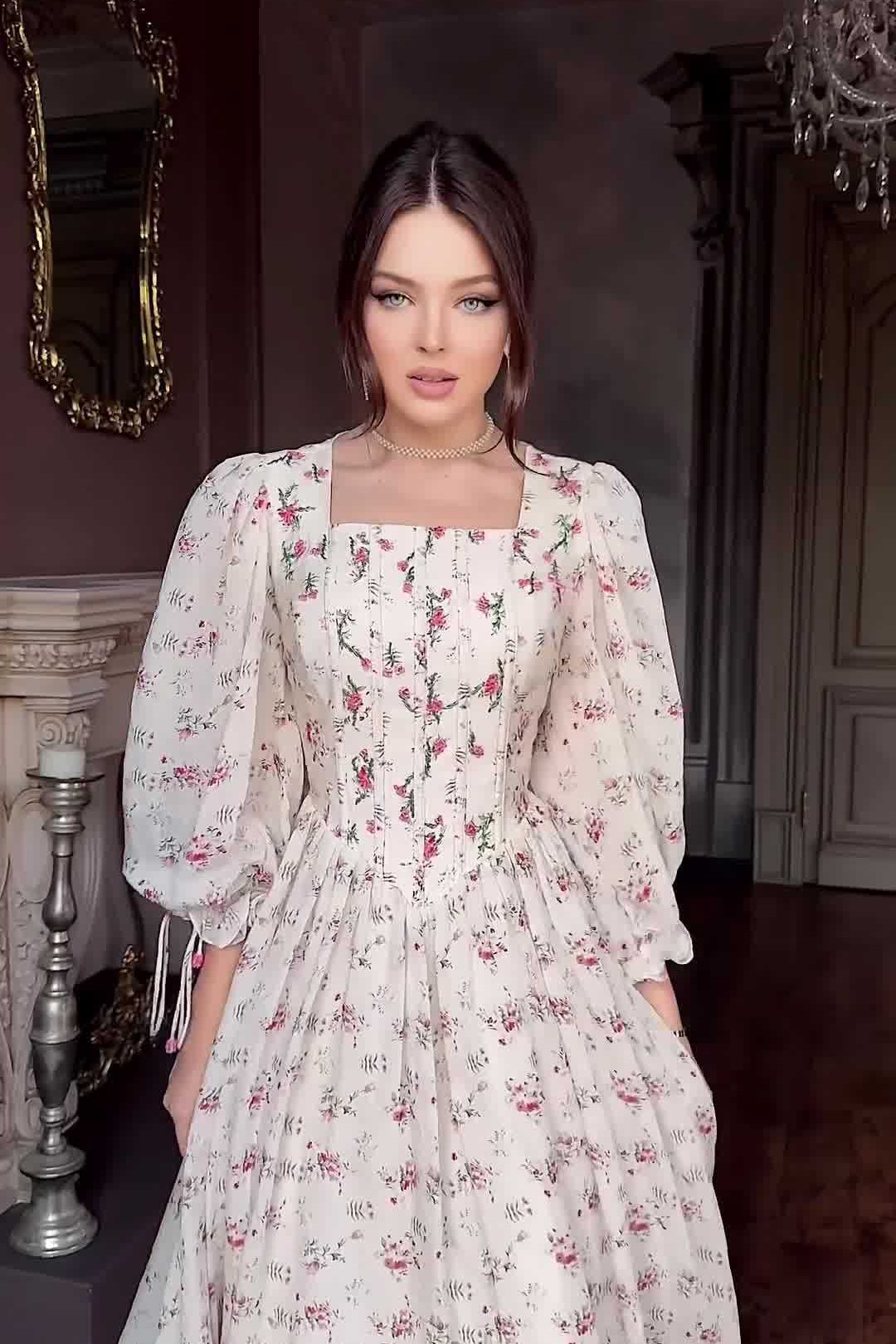 Vintage Floral Square Neck Tie-Waist Fairy Maxi Dress-Pink