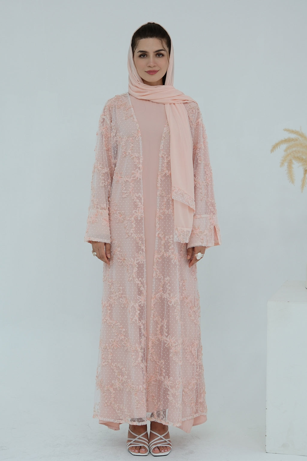 Floral Bloom Sheer Mesh Open Abaya-Pink