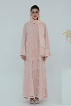 Floral Bloom Sheer Mesh Open Abaya-Pink