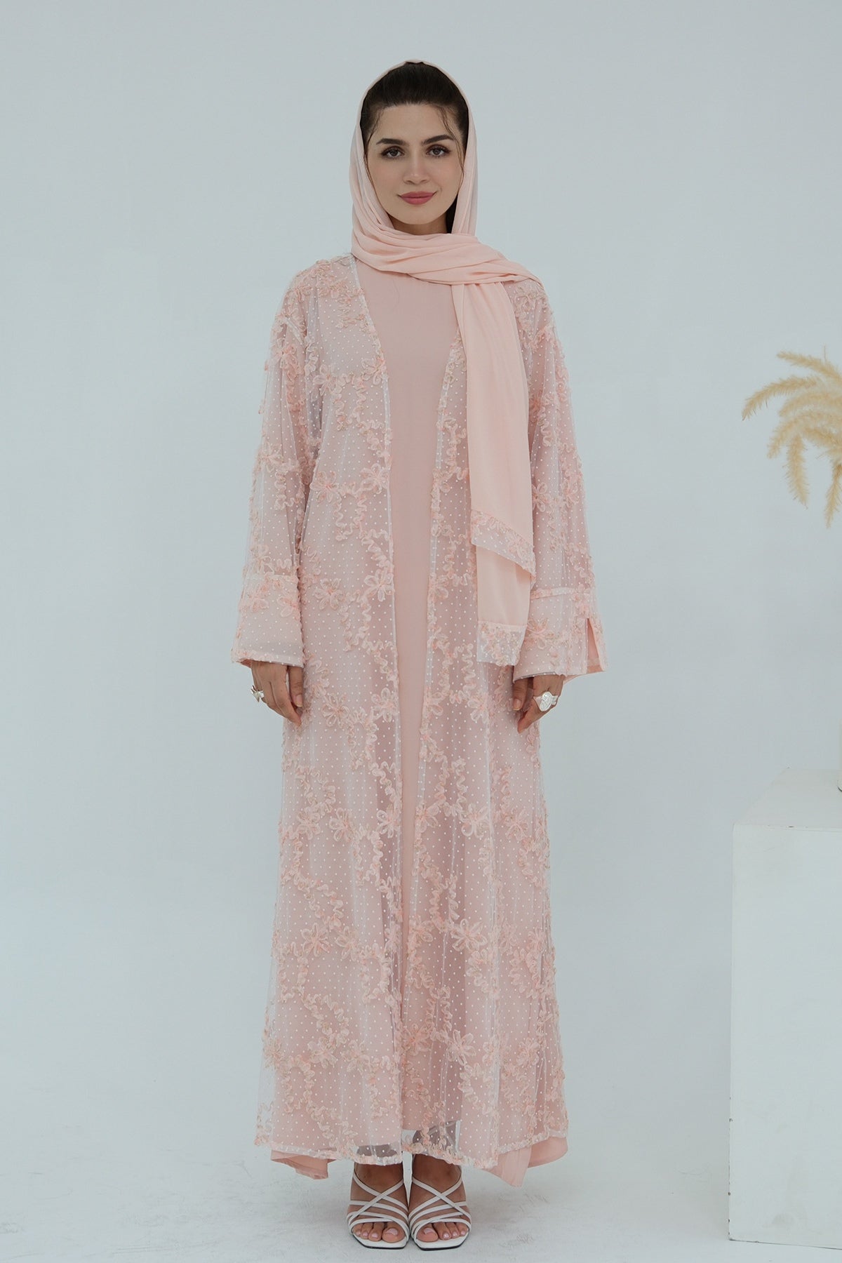 Floral Bloom Sheer Mesh Open Abaya-Pink