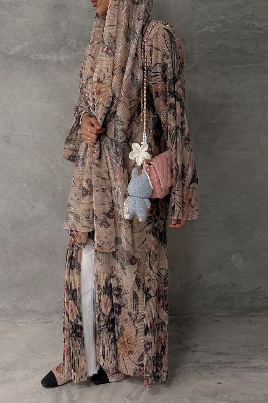 Floral Print Sheer Open Abaya & Matching Hijab Set