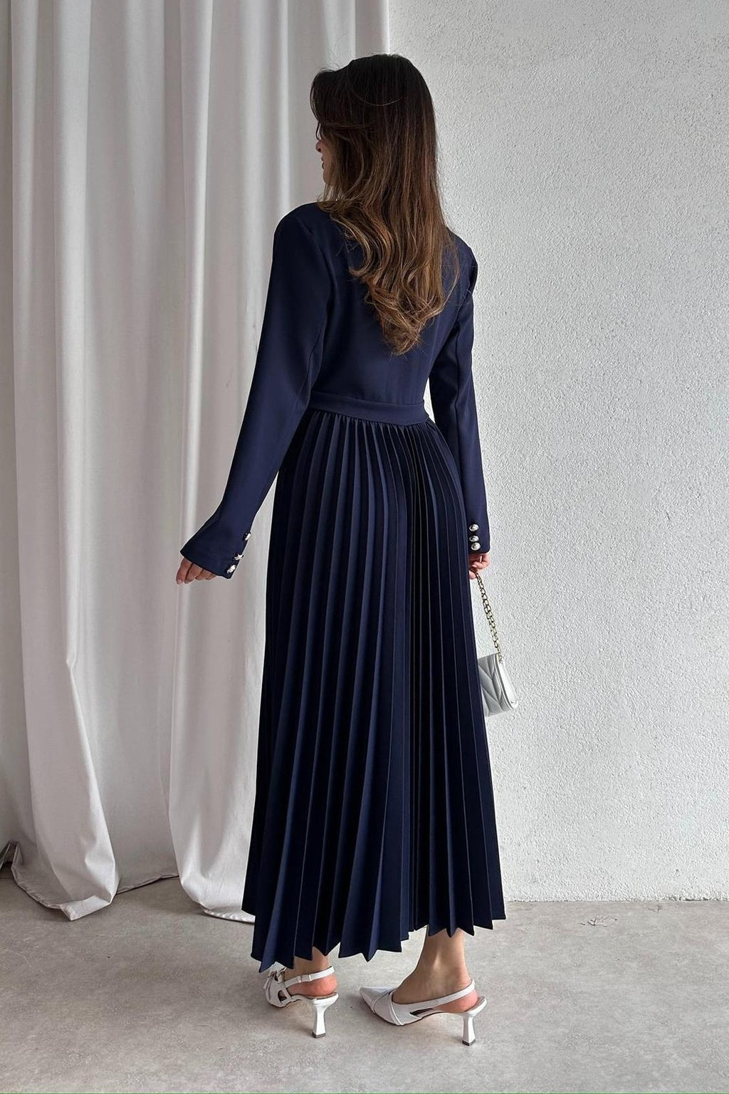 Amara Blazer Pleated Maxi Dress-DarkBlue