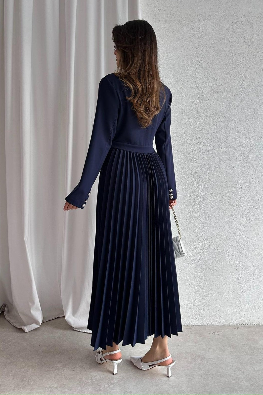 Amara Blazer Pleated Maxi Dress-DarkBlue