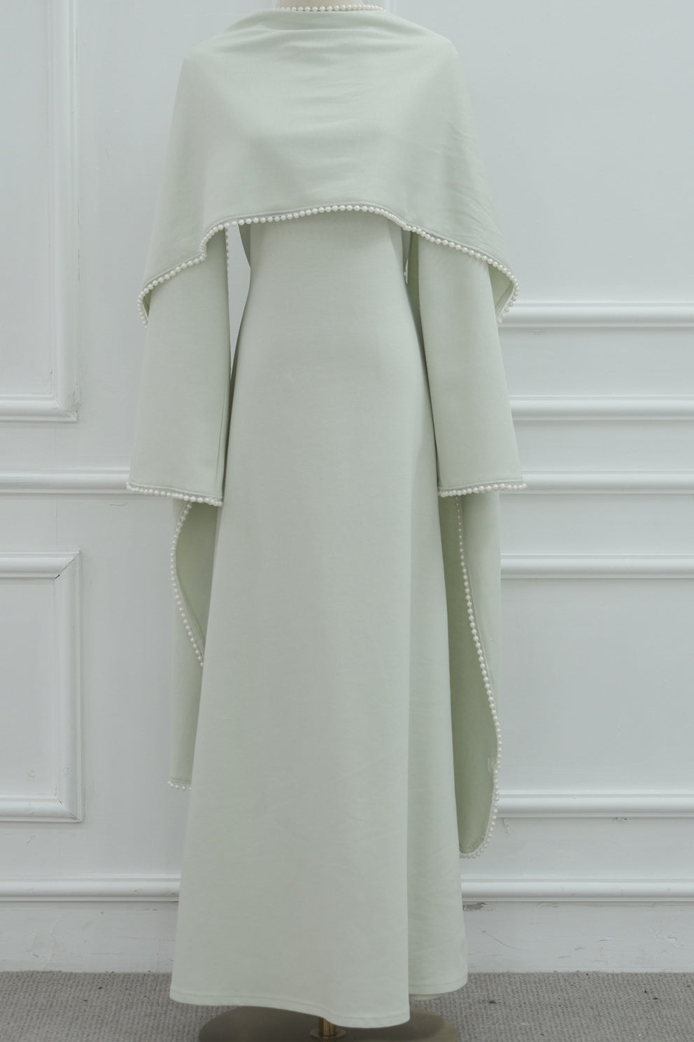 Pearl-Trimmed Cape Modest Evening Gown-Green