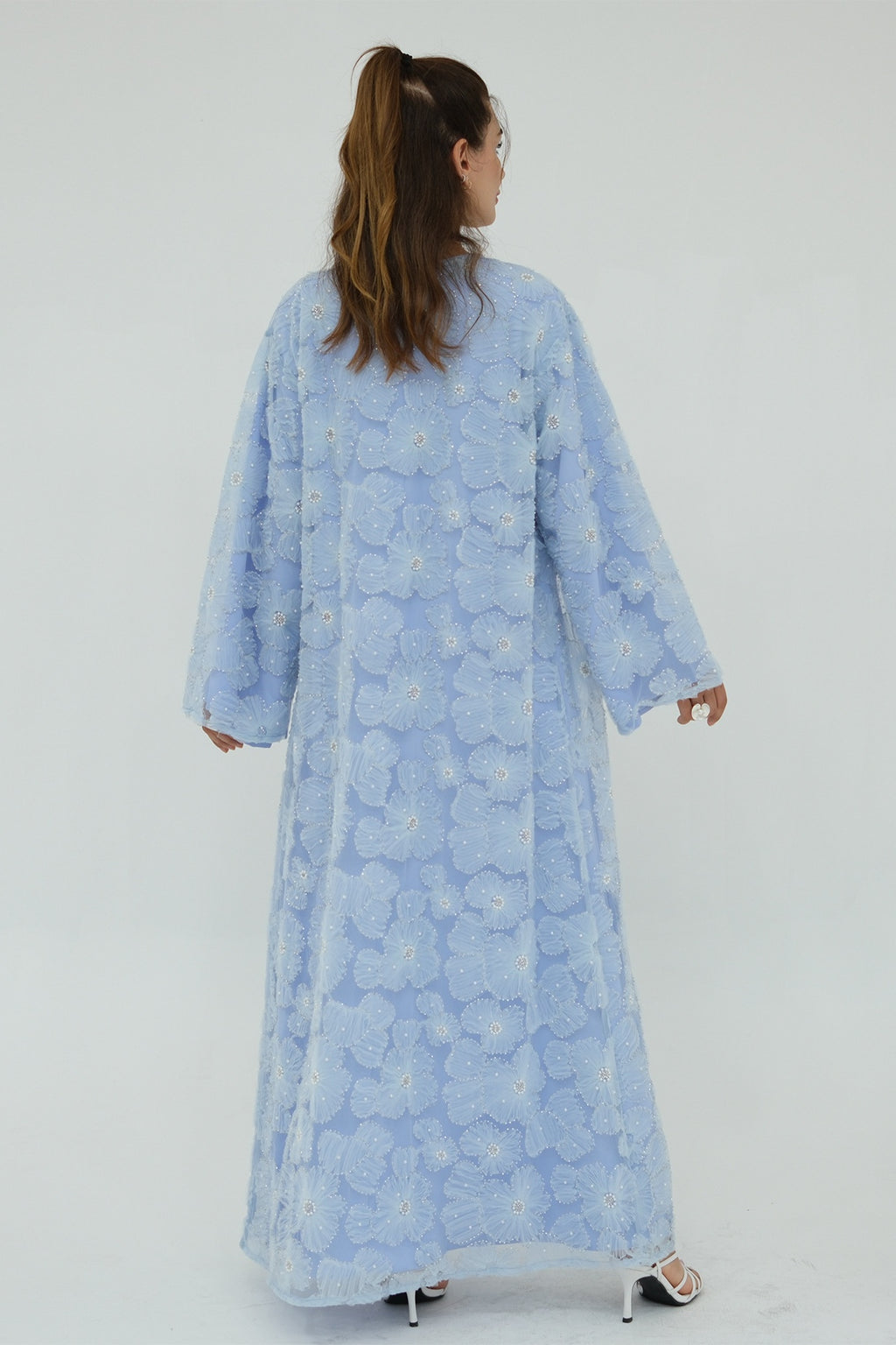 Hand-Beaded Floral Mesh Abaya Two-Piece Set-Blue