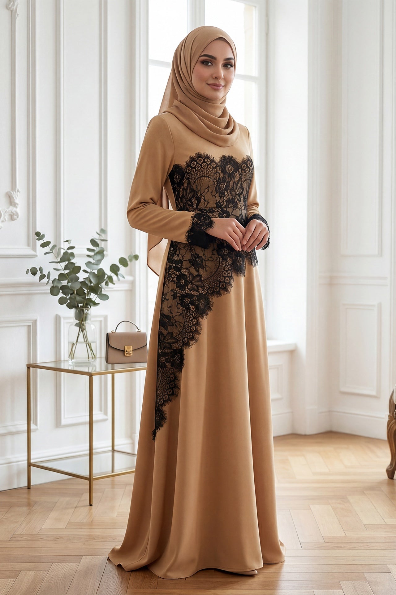 Asymmetric Lace-Trimmed Maxi Dress-Khaki