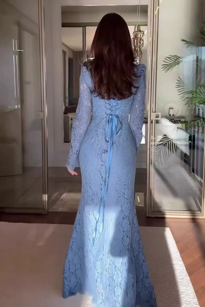 Fiona Lace Flare Sleeve Maxi Dress-Blue
