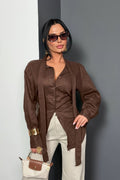 Isabella Linen Tie Blouse Shirt-Brown