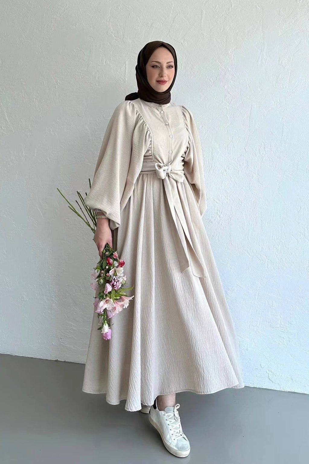 Lantern Sleeve Tunic & Full-Sweep Maxi Skirt Elegant Set-Apricot