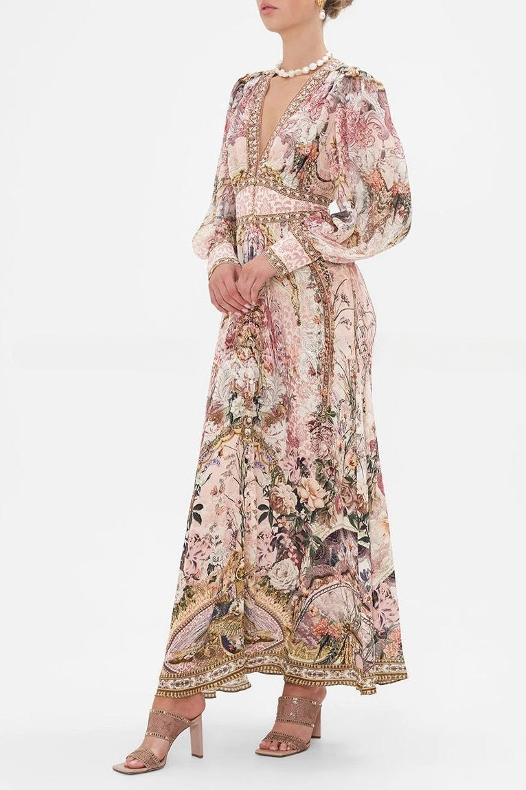 Vintage Heritage Print High-Waisted Resort Full-Sweep Maxi Dress