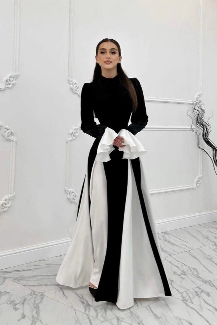 Zohra Contrast‑Panel Flare‑Cuff Maxi dress