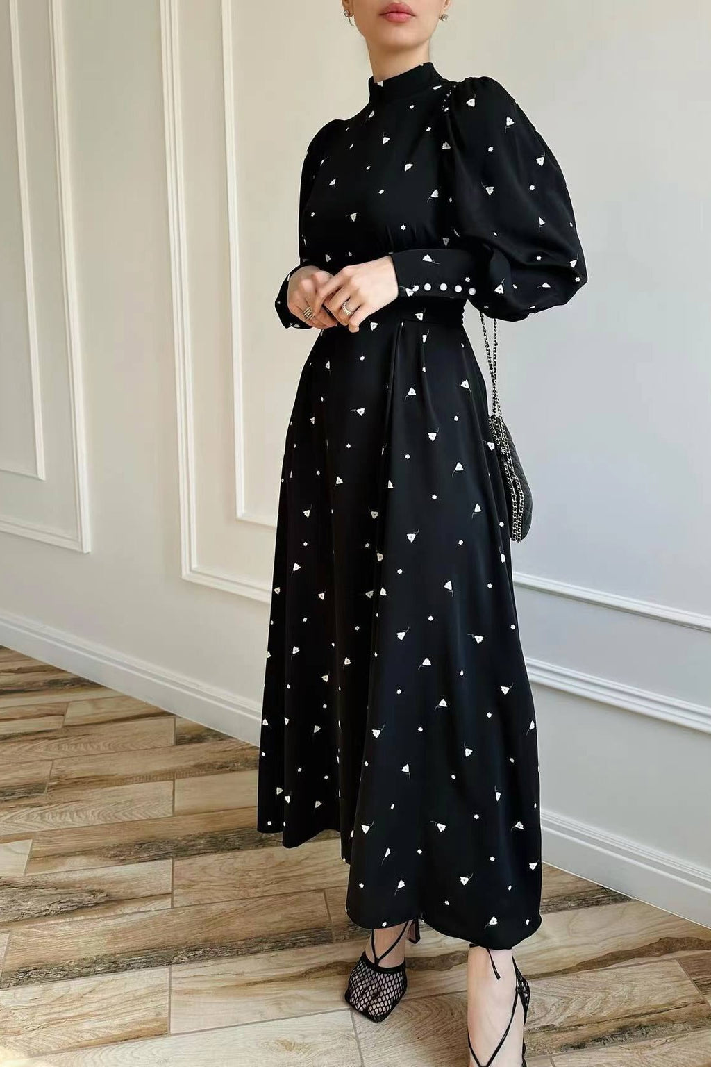 Mock Neck Polka Dot Puff Sleeve Maxi Dress