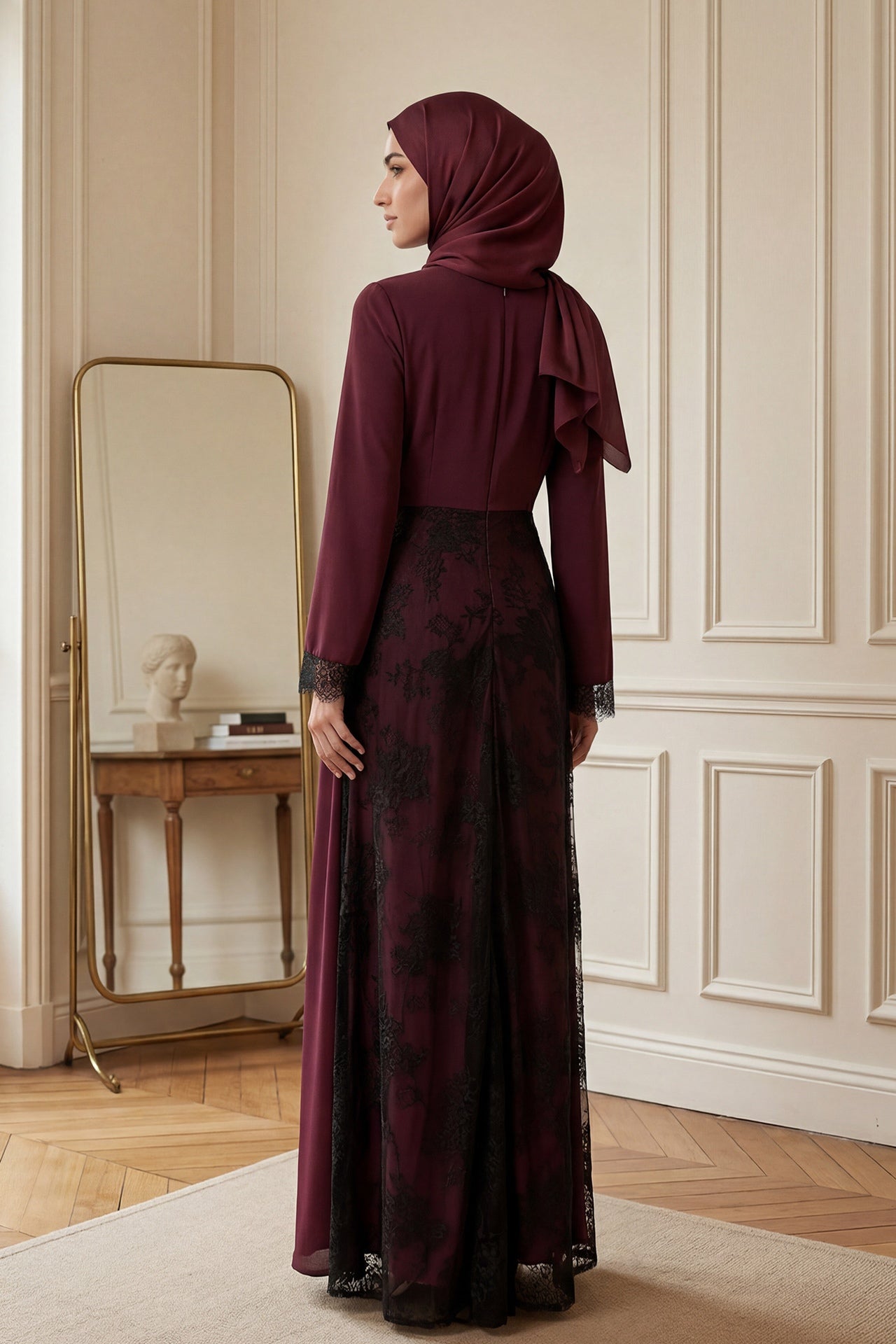 Asymmetric Lace-Trimmed Maxi Dress-Wine
