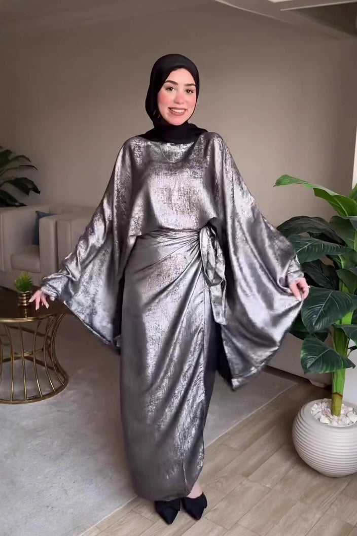 Rania Metallic Wrap Waist Abaya Two Piece