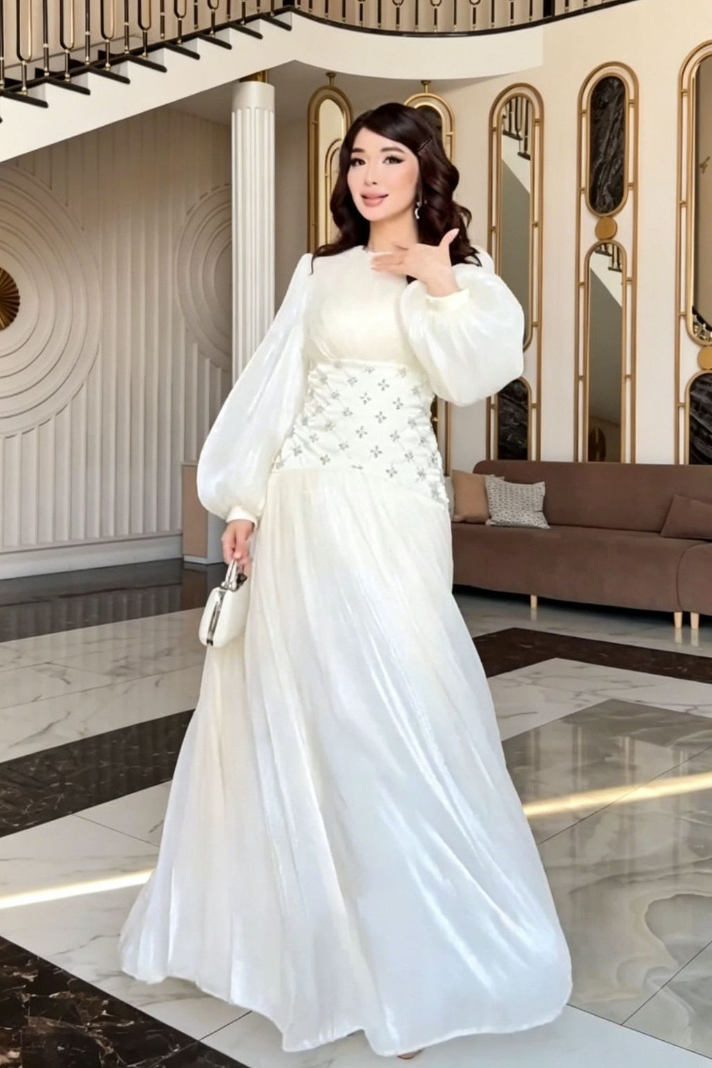 Liora Rhinestone Waist Pleated Maxi Dress-White