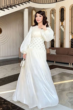 Liora Rhinestone Waist Pleated Maxi Dress-White