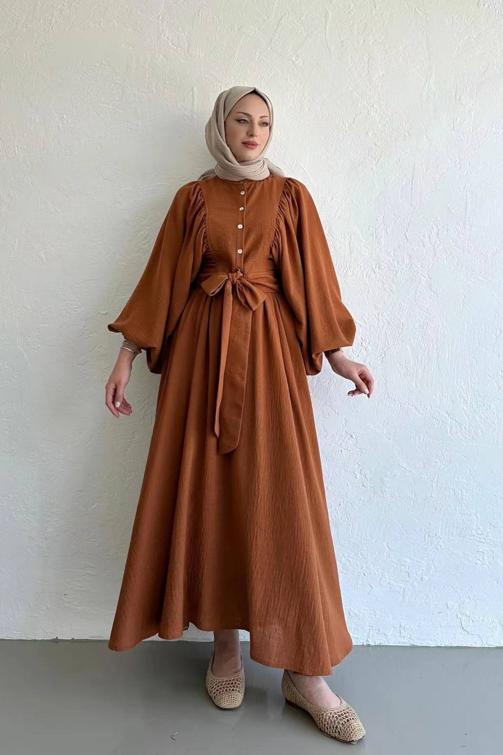Lantern Sleeve Tunic & Full-Sweep Maxi Skirt Elegant Set-Orange