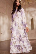 Floral Print Round-Neck Maxi Dress with Flared Sleeves and Tie-Waist