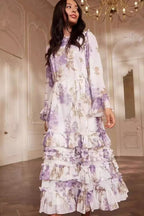 Floral Print Round-Neck Maxi Dress with Flared Sleeves and Tie-Waist