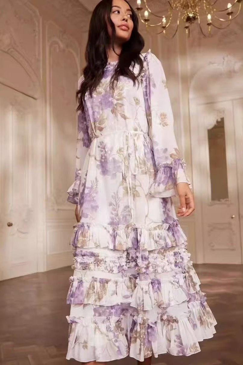 Floral Print Round-Neck Maxi Dress with Flared Sleeves and Tie-Waist